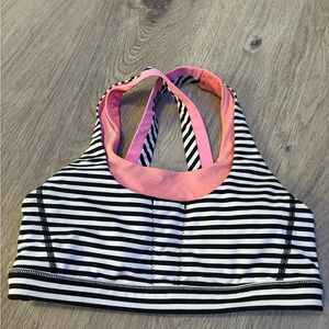 Lululemon Athletica Black and White Striped Sports Bra with Pink Trim
